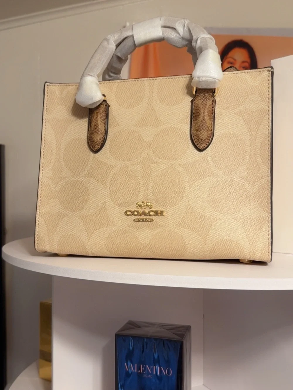Coach Signature Canvas Small Tote in Cream and Brown Trim